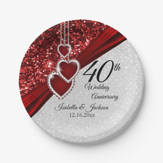 40e Jubileum van Ruby Red en White Papieren Bordje (Voorkant)