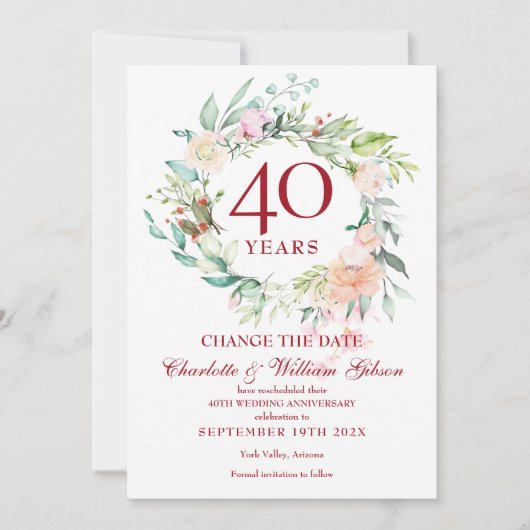 40e Jubileum Verander de Datum Rozen Garland Kaart (Voorkant)