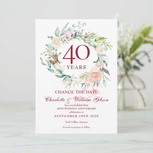 40e Jubileum Verander de Datum Rozen Garland Kaart (Staand voorkant)