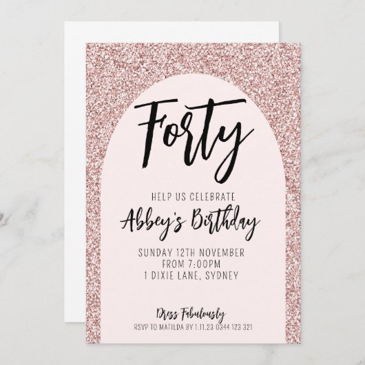 40e Parties scintillant Rose Gold Arch Invitation (Devant / Derrière)