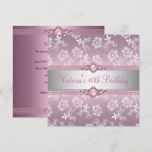 40e Pink White Silver Lace Floral Birthday Party Kaart