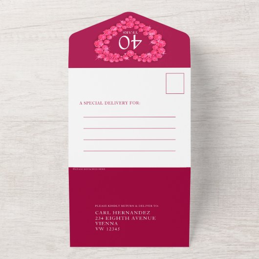 40e robijnen huwelijksjubileum geen enveloppe hart all in one uitnodiging (Buitenkant)