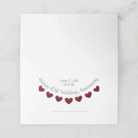 40e Ruby Bruiloft Jubileum plaats kaarten (Buitenkant ongevouwen)