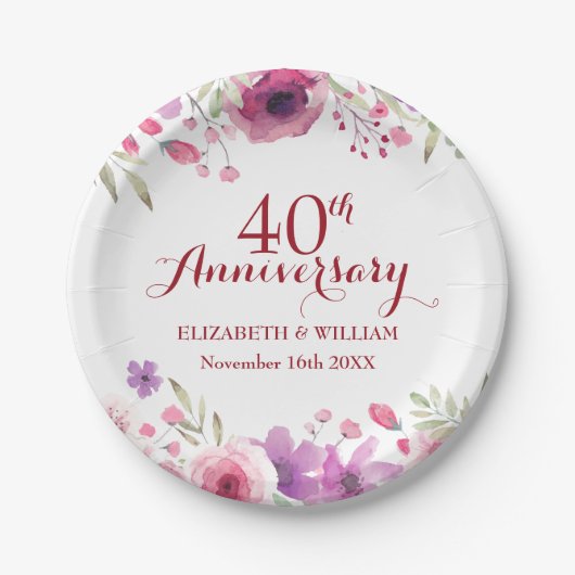40e Ruby Bruiloft Jubileum Rozen Bloemen Papieren Bordje (Voorkant)
