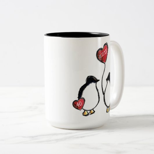 40e ruby bruiloft pinguïn tweekleurige koffiemok (Voorkant rechts)