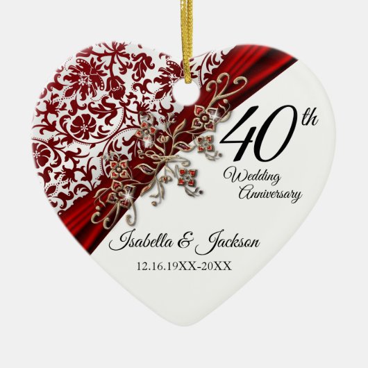 40e Ruby en White met Floral Jubileum Keramisch Ornament (Voorkant)