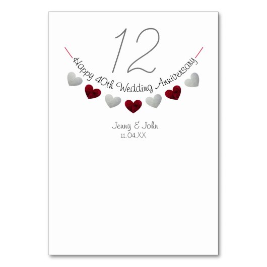 40e Ruby Heart Trouwdag Tafelnummer (Voorkant)