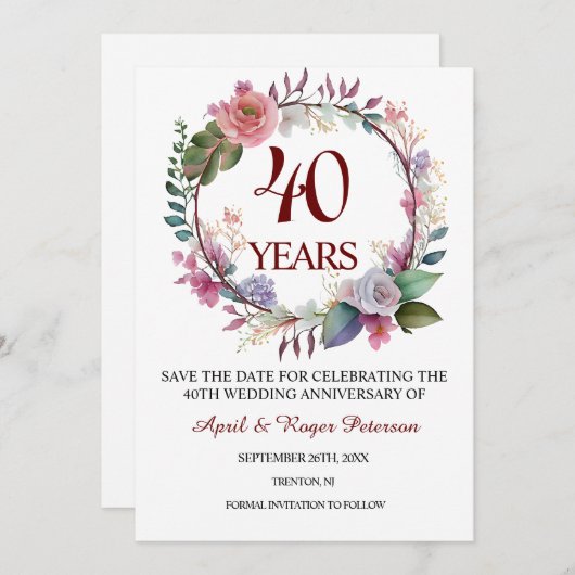 40e Ruby Wedding Jubileum Bloemen Save The Date (Voorkant / Achterkant)