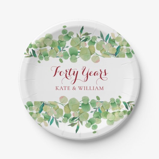 40e Ruby Wedding Jubileum Greenery Papieren Bordje (Voorkant)