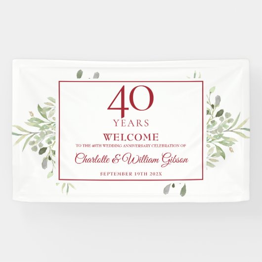 40e Ruby Wedding Jubileum Greenery Welkom Spandoek (Horizontaal)