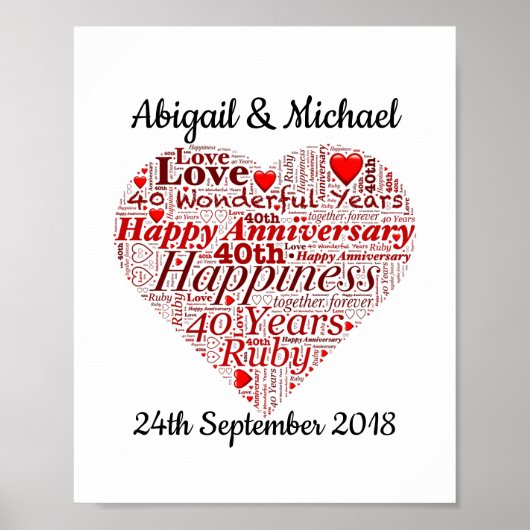 40e Ruby Wedding Jubileum Word Art Print (Voorkant)