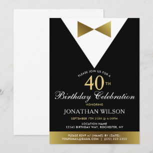 40e Uitnodigingen, Zwarte Gold Tuxedo Birthday Par Kaart