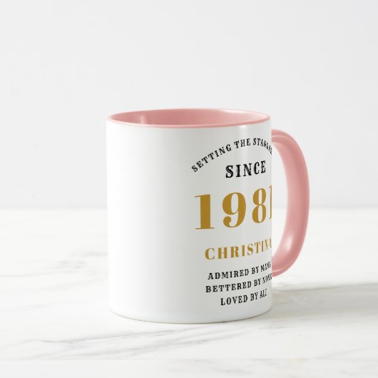 40e verjaardag 1981 roze gouden dame op persoonlij mok (Voorkant rechts)