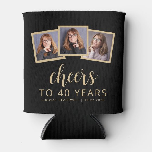40e Verjaardag 3-Foto Zwart Goud Script Cheers Blikjeskoeler (Voorkant)