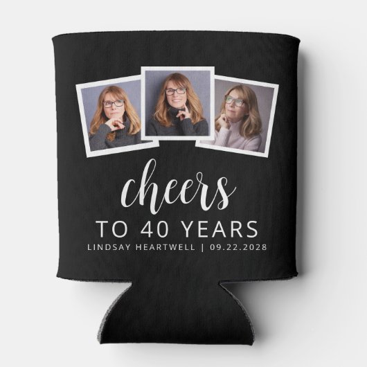 40e Verjaardag 3-Foto Zwart Goud Script Cheers Blikjeskoeler (Achterkant)