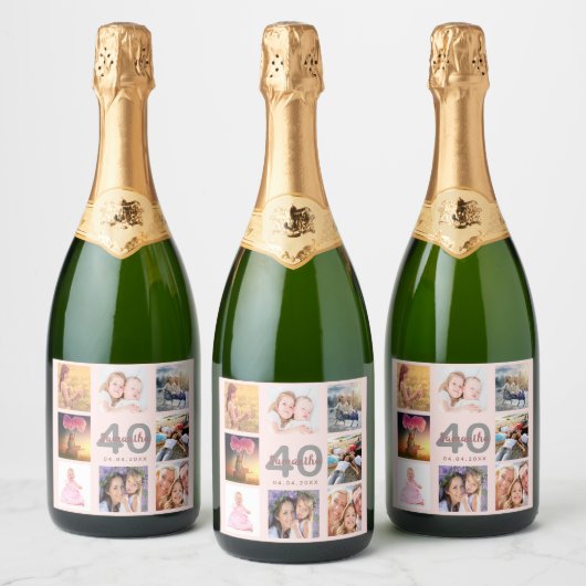 40e verjaardag aangepaste foto collage roos gouden sparkling wijnetiket (Flessen)