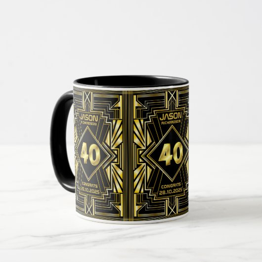 40e verjaardag Art Deco Gold Black Grote Gatsby Mok (Voorkant links)