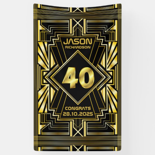 40e verjaardag Art Deco Gold Black Grote Gatsby Spandoek (Verticaal)