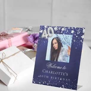 40e verjaardag blauwe zilveren sterren foto welkom reclamebord met voetstuk