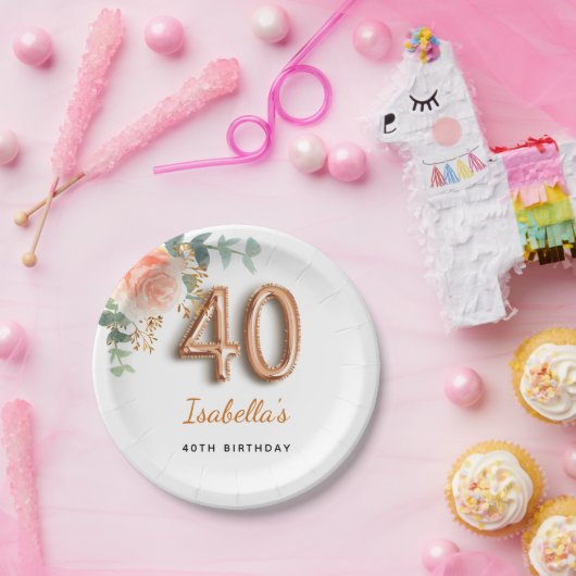 40e verjaardag bloem roos goud eucalyptusmonogram papieren bordje (Feest)