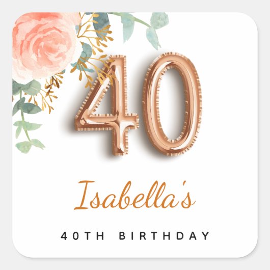 40e verjaardag bloem roos goud eucalyptusmonogram vierkante sticker (Voorkant)