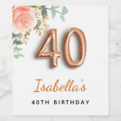 40e verjaardag bloem roos goud eucalyptusmonogram wijn etiket (Enkel label)