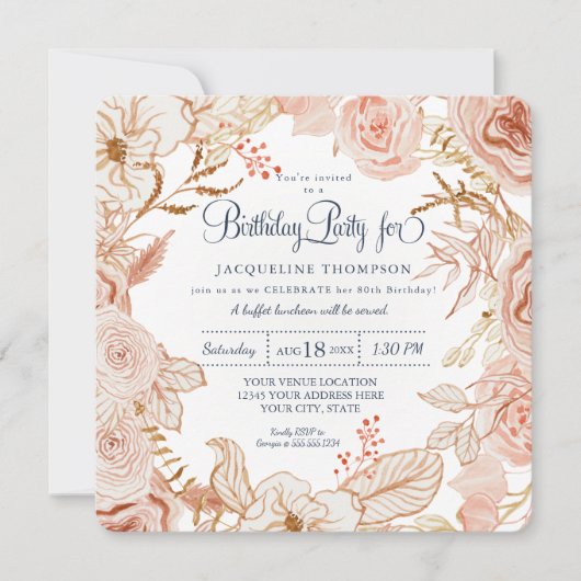 40e verjaardag Blush Pink Waterverf Floral Kaart (Voorkant)