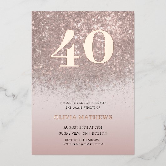 40e verjaardag echt Roos goud Folie Uitnodiging (Voorkant)