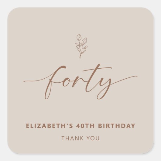40e verjaardag Elegant Minimal Boho Vierkante Sticker (Voorkant)