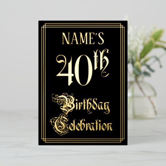 40e verjaardag — Fancy script en aangepaste naam Folie Uitnodiging (Staand Voorkant)