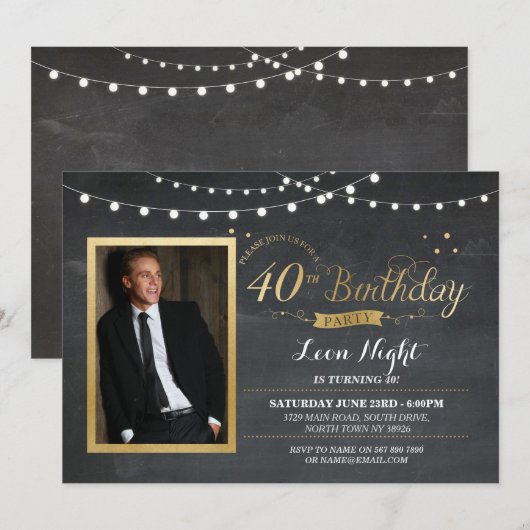 40e verjaardag Foto Chalk Rustic Gold Invitation Kaart (Voorkant / Achterkant)