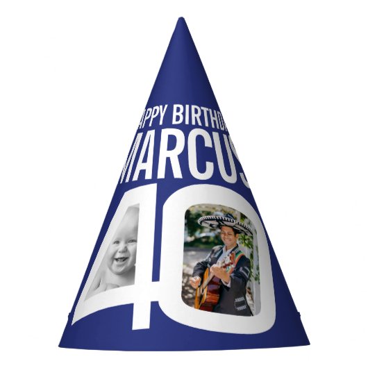 40e verjaardag foto gepersonaliseerde blauw wit feesthoedjes (Voorkant)