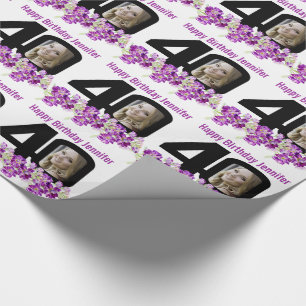 40e verjaardag foto leuk mono en paarse bloemen cadeaupapier