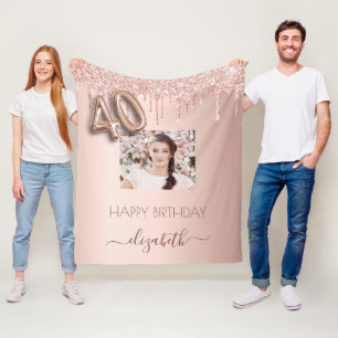 40e verjaardag foto roos goud glitter blush roze fleece deken