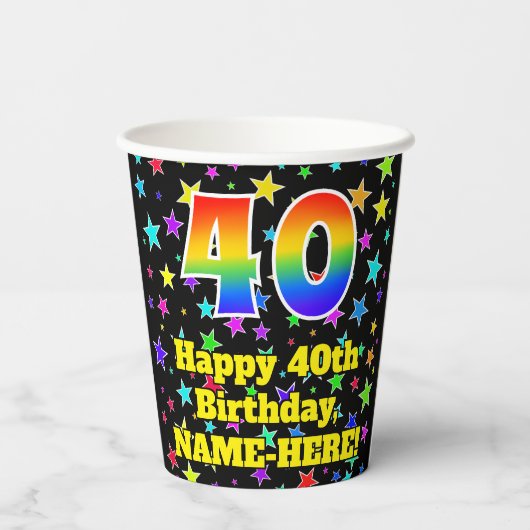 40e verjaardag: Fun Stars Pattern en Rainbow 40 Papieren Bekers (Achterkant)