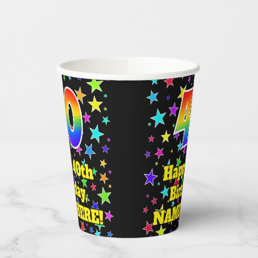 40e verjaardag: Fun Stars Pattern en Rainbow 40 Papieren Bekers (Links)