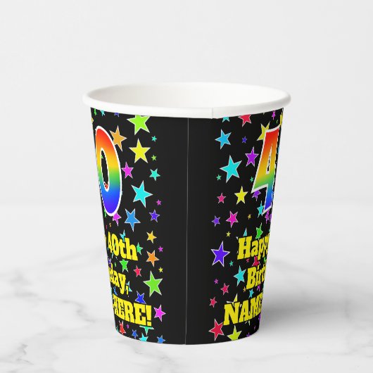 40e verjaardag: Fun Stars Pattern en Rainbow 40 Papieren Bekers (Rechts)
