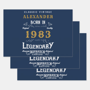 40e verjaardag Geboren in 1983  blauw goud Legend Inpakpapier Vel