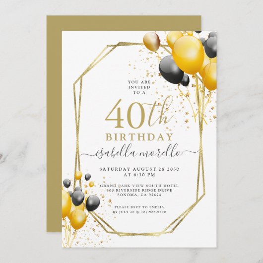 40e verjaardag Gold Black Balloons Glitter Kaart (Voorkant / Achterkant)