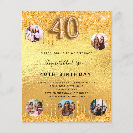 40e verjaardag gouden glitter druppels foto uitnod (Voorkant)