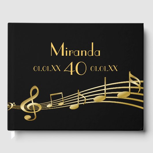40e verjaardag gouden muzieknoten op zwart gastenboek (Voorkant)