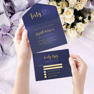 40e verjaardag marine blauw goud rsvp all in one uitnodiging
