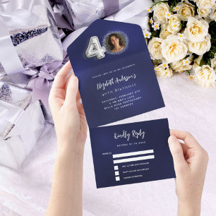 40e Verjaardag marine blauw zilver foto rsvp All In One Uitnodiging