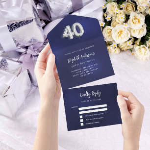 40e Verjaardag marine blauw zilver rsvp All In One Uitnodiging