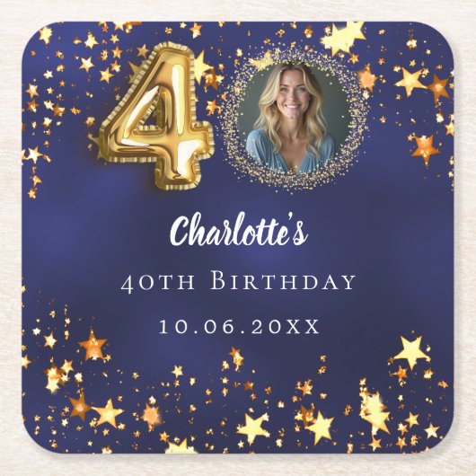 40e verjaardag marineblauw gouden sterren foto vierkante kartonnen onderzetter (Voorkant)
