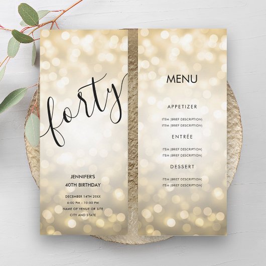 40e verjaardag Menu Gouden Glitter Lights Kaart