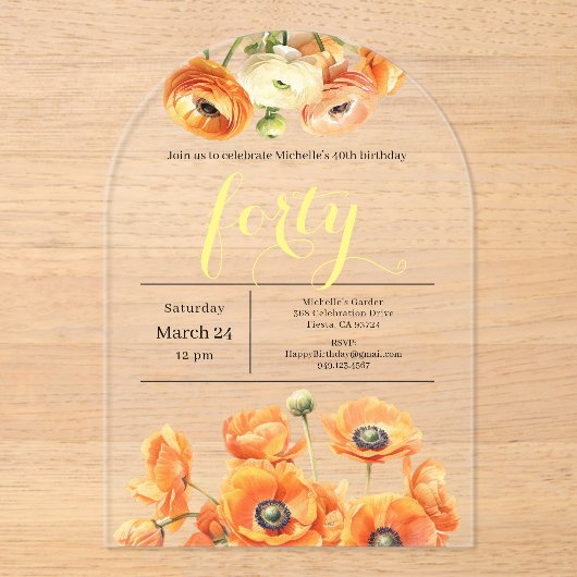 40e verjaardag Modern Garden Sinaasappel White Flo Acryl Uitnodigingen (Voorkant)