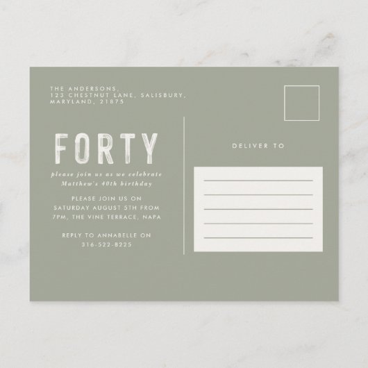 40e verjaardag Modern rustieke classy typografie p Uitnodiging Briefkaart (Achterkant)