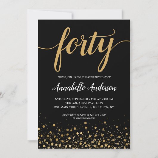 40e verjaardag Modern Zwart Goud Confetti Script Kaart (Voorkant)