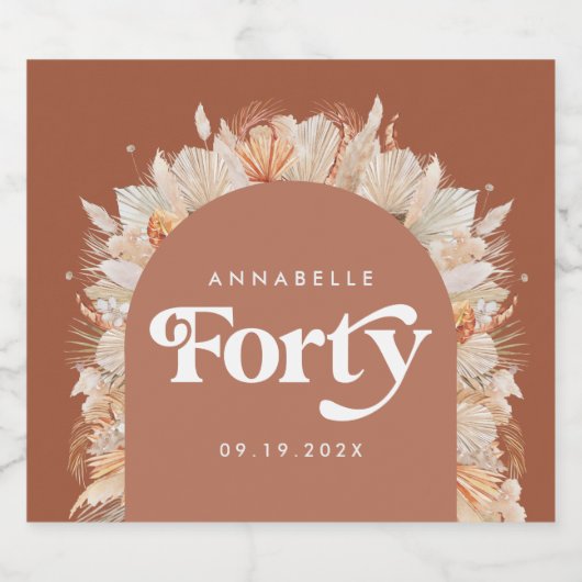 40e verjaardag moderne boog pampa's terracotta sparkling wijnetiket (Enkel label)